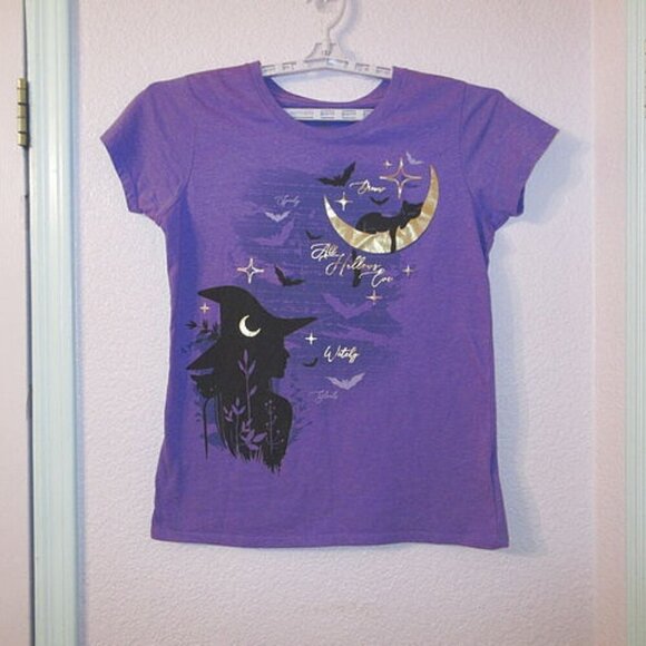 Witch T-Shirt Size L Moon Bat Cat Gold Foil Halloween All Hallows Eve Whimsigoth - Picture 1 of 5